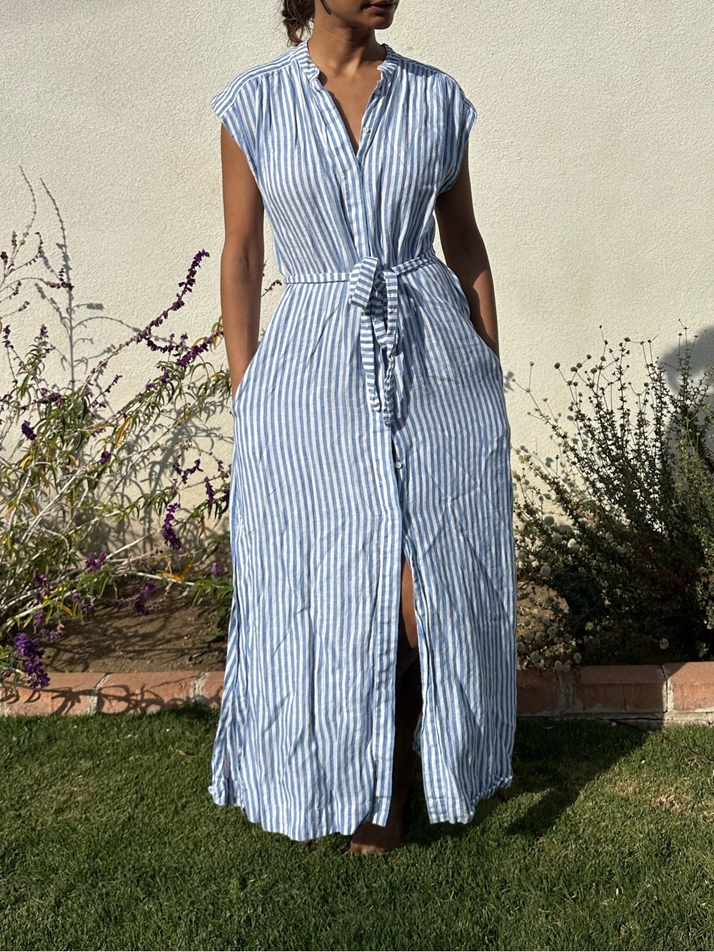 AYR Linen Striped Blue & White Tie-Waist Maxi Dress